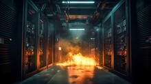 Server Room Burning. Data Center And Supercomputer Technology In Fire. Generation AI