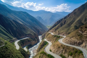 Poster - road winding through the mountains, with stunning scenery in every direction, created with generativ