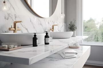 interior design, marble bathroom. sinks and window. ai generative.