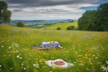 Sticker - picnic in meadow among wildflowers, with view of rolling hills, created with generative ai