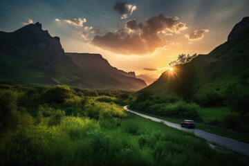Wall Mural - road trip, with the sun setting behind a mountain range, in a lush and green landscape, created with generative ai