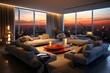 A chic and contemporary living room in a penthouse, showcasing sleek lines, designer furniture, and a curated art collection. Generative Ai