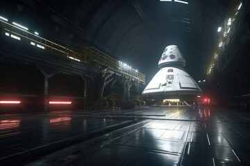 Wall Mural - shot of a futuristic spacecraft sitting on a launch pad in space, created with generative ai