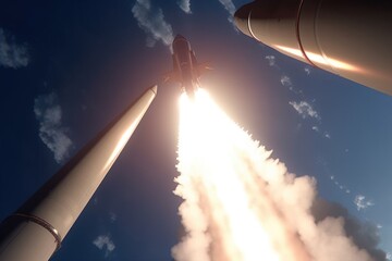 Wall Mural - shot of a spacecraft with two astronauts about to blastoff into space, created with generative ai