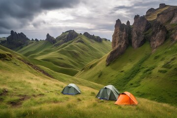 Wall Mural - two tents, one for sleeping and the other for cooking, in a remote mountain setting, created with generative ai
