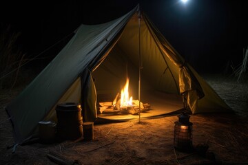 Wall Mural - tent with lantern and campfire burning inside, for a warm and welcoming shelter, created with genera