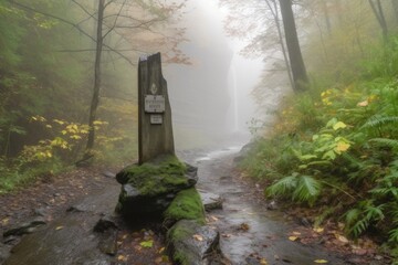 Wall Mural - trail marker pointing in the direction of a waterfall, with mist and spray visible in the air, created with generative ai