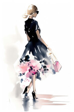 Watercolor Woman Fashion Illustration On White Background. Ai Generated