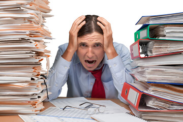 Wall Mural - Young overworked manager at workplace with stacks of documents