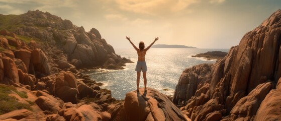 Canvas Print - Woman stands on a rocky cliff overlooking a vast ocean with her arms raised. Concept of personal achievement and overcoming challenges. Generative AI