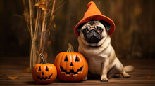 Halloween Background With Cute Puppy Pug In Orange Witch Hat And Funny Pumpkins
