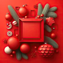 Christmas Eve Concept. Top View Photo Of Gift Boxes With Ribbon Bows, Green And Red Baubles, Golden Stars And Pine Branches On Red Background With Copy Space. Generative AI