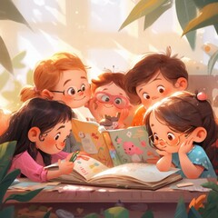Illustration of a group of schoolchildren studying outside on a sunny day. Cute young pupils reading a book in the garden. Teamwork, kids and education  concept. AI generated 3D illustration