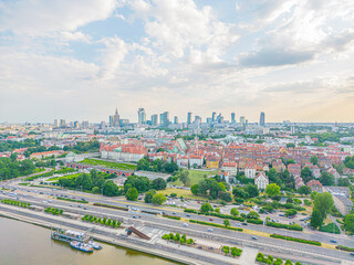 Wall Mural - Aerial panorama of Warsaw, Poland over the Vistual river and City center in a distance. Downtown skyscrapers cityscape. Business