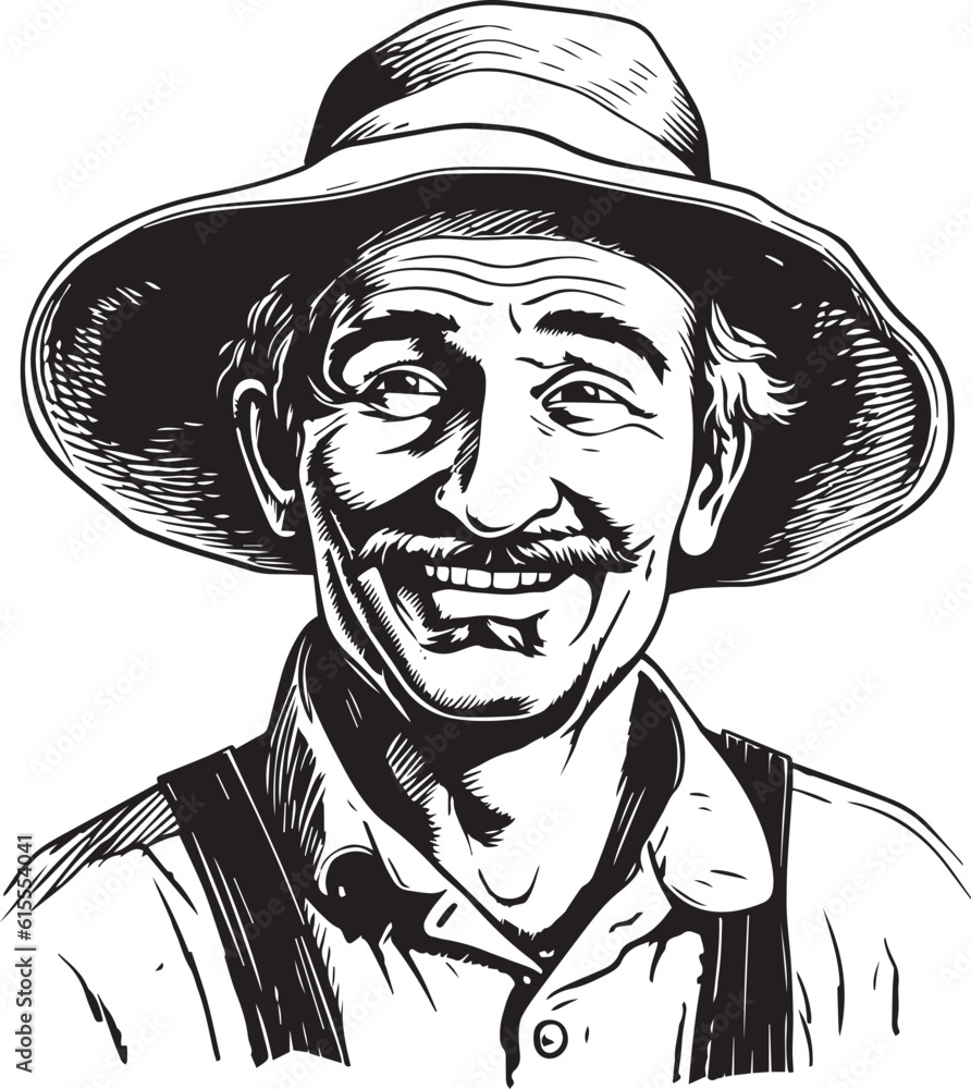 Hand drawn portrait of a farmer in a hat Vector Illustration, SVG Stock ...