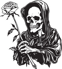 Death with roses, Grim Reaper, Skeleton in black robe Vector Illustration, SVG