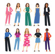 Set of multiethnic different casual and business women full length isolated vector illustration on white background