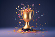 Gold championship trophy cup with festive multicolored flying confetti on dark background. Cute 3D icon in a cartoon plastic style in pastel colors. Generative AI 3d rendering illustration imitation.