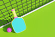 canvas print picture - Pickleball court. Racket and ball at the net. 3D rendering