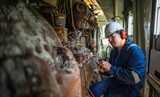 Fototapeta Sport - Engine engineer inspecting large machines in factory,Railway engine maintenance technician,engine repair mechanical manager