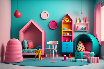 Interior of modern children's room with stylish furniture and toys, Kids play room, kids bed room, Children's hut, play tent and toys Created with Generative AI Tools