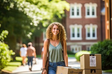 Young pretty female college student moving into college campus to start new academic course