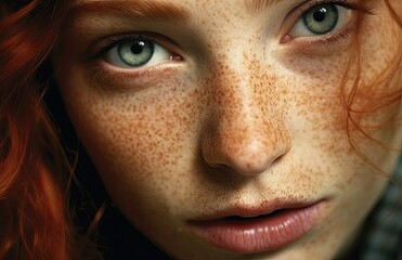 Wall Mural - closeup Portrait photography.  High Contrast. Textural details. Fine facial details. Artful interplay of light and shadow. Red hair with Freckles pretty serious young woman.