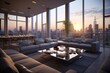 A sleek and contemporary living room in a penthouse, showcasing minimalist design, floor-to-ceiling windows, and plush seating arrangements. Generative AI