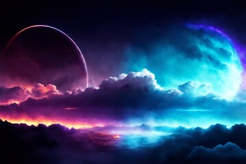 Photo of a surreal sky with a distant planet and vibrant clouds in stunning colors