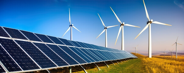 Powering the Future: A Striking Photograph of Solar Panels on a Farm with Wind Turbines, an Energetic Blend of Colors and a Symbol of Sustainable Energy, Harnessing Nature's Power for a Greener Tomorr