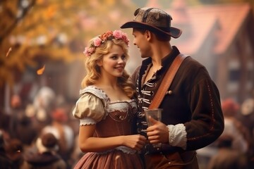 Wall Mural - Capturing the Oktoberfest Atmosphere: Couple in Traditional Dirndl Attire Soaking in the Festivities, Generative AI