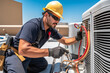 Technician working on air conditioning outdoor unit on hot sunny day. HVAC worker professional occupation. Generative AI