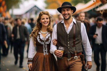 Wall Mural - Capturing the Oktoberfest Atmosphere: Couple in Traditional Dirndl Attire Soaking in the Festivities, Generative AI