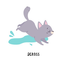 Poster - Little Grey Cat Jump Across Stream as English Language Preposition for Educational Activity Vector Illustration