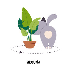 Sticker - Little Grey Cat Walk Around Houseplant as English Language Preposition for Educational Activity Vector Illustration