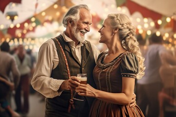 Wall Mural - Stunning Senior Oktoberfest Couple: Enjoying the Festival and a Beer in Traditional Dirndl Attire, Generative AI