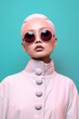 60s fashion, bold pop art, photo shoot style, of beautiful albino asian women, closed eyes with bold 1960s funky big bold glasses, pastel color palette makeup, pastel background. image created with AI