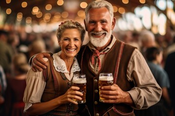 Wall Mural - Stunning Senior Oktoberfest Couple: Enjoying the Festival and a Beer in Traditional Dirndl Attire, Generative AI