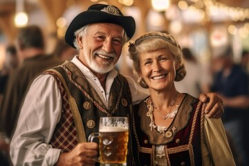 Wall Mural - Stunning Senior Oktoberfest Couple: Enjoying the Festival and a Beer in Traditional Dirndl Attire, Generative AI