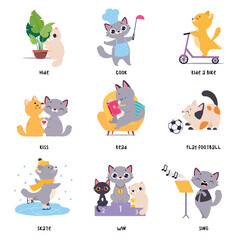 Sticker - Funny Cat in Different Action as English Verb for Educational Activity Vector Illustration Set