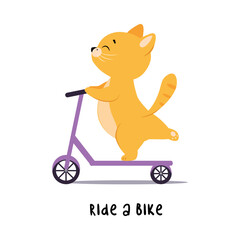 Sticker - Funny Ginger Cat Ride Bike as English Verb for Educational Activity Vector Illustration