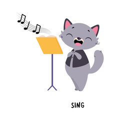 Canvas Print - Funny Grey Cat Sing on Stage as English Verb for Educational Activity Vector Illustration