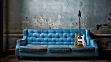 Vintage Blue Couch With Vintage Blue Guitar Generative AI