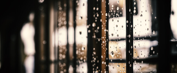 Wall Mural - Rain drop on window glass of coffee shop and blurry city life background. Rainy season and blurry people city day life or bokeh night lights outside window. Coffee shop window covered with rain water