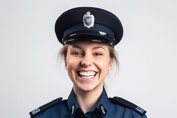 Poster - Smiling female police officer in uniform looking at camera. Isolated on white background