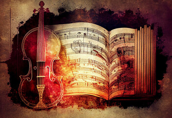 Violin and sheet music score book background with an abstract vintage distressed retro texture which is a musical instrument used for classical music, computer Generative AI stock illustration image