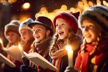 Group Of Children Singing Christmas Carols Outside In The Evening With Candles