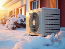 The Outdoor Unit Of The Air Conditioner In The Snow During Winter. 