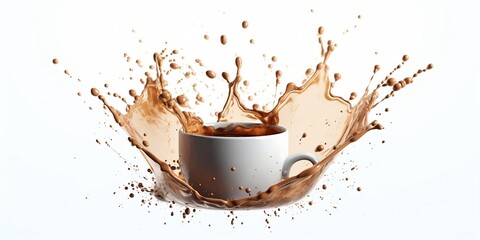  A small mug of coffee, from a mug and around splashes of coffee on a white background. Created with generative AI tools
