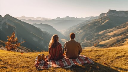 young couple in love doing picnic visiting alps dolomities. boyfriend and girlfriend sitting and loo